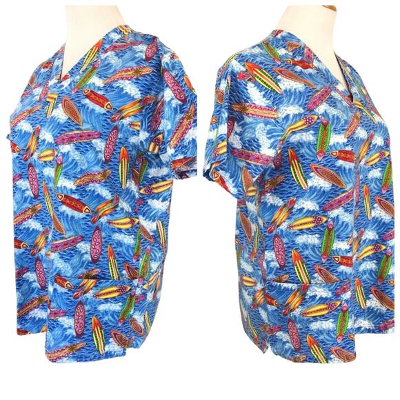Med Gear Scrub Top V Neck Surf Boards Motif Short Sleeves Blue Size Small - Picture 7 of 8
